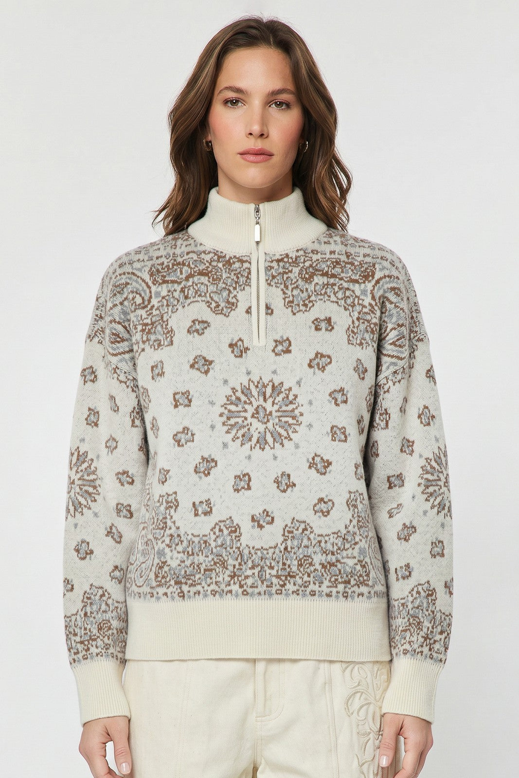 BANDANA ZIP UP SWEATER IVORY
