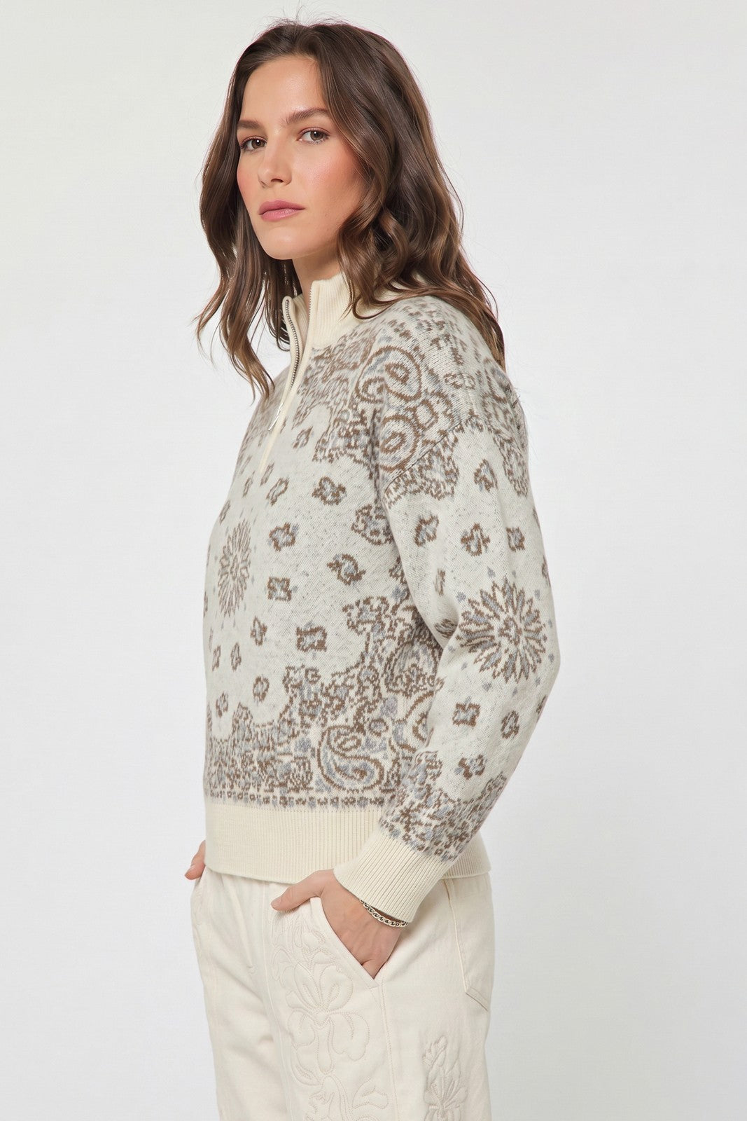BANDANA ZIP UP SWEATER IVORY