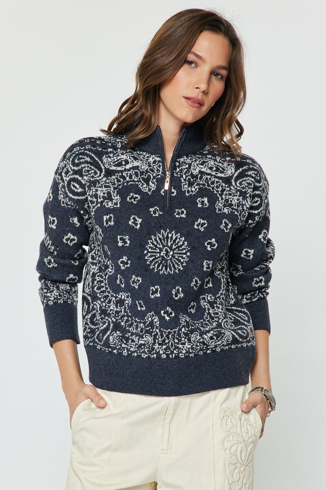 BANDANA ZIP UP SWEATER NAVY