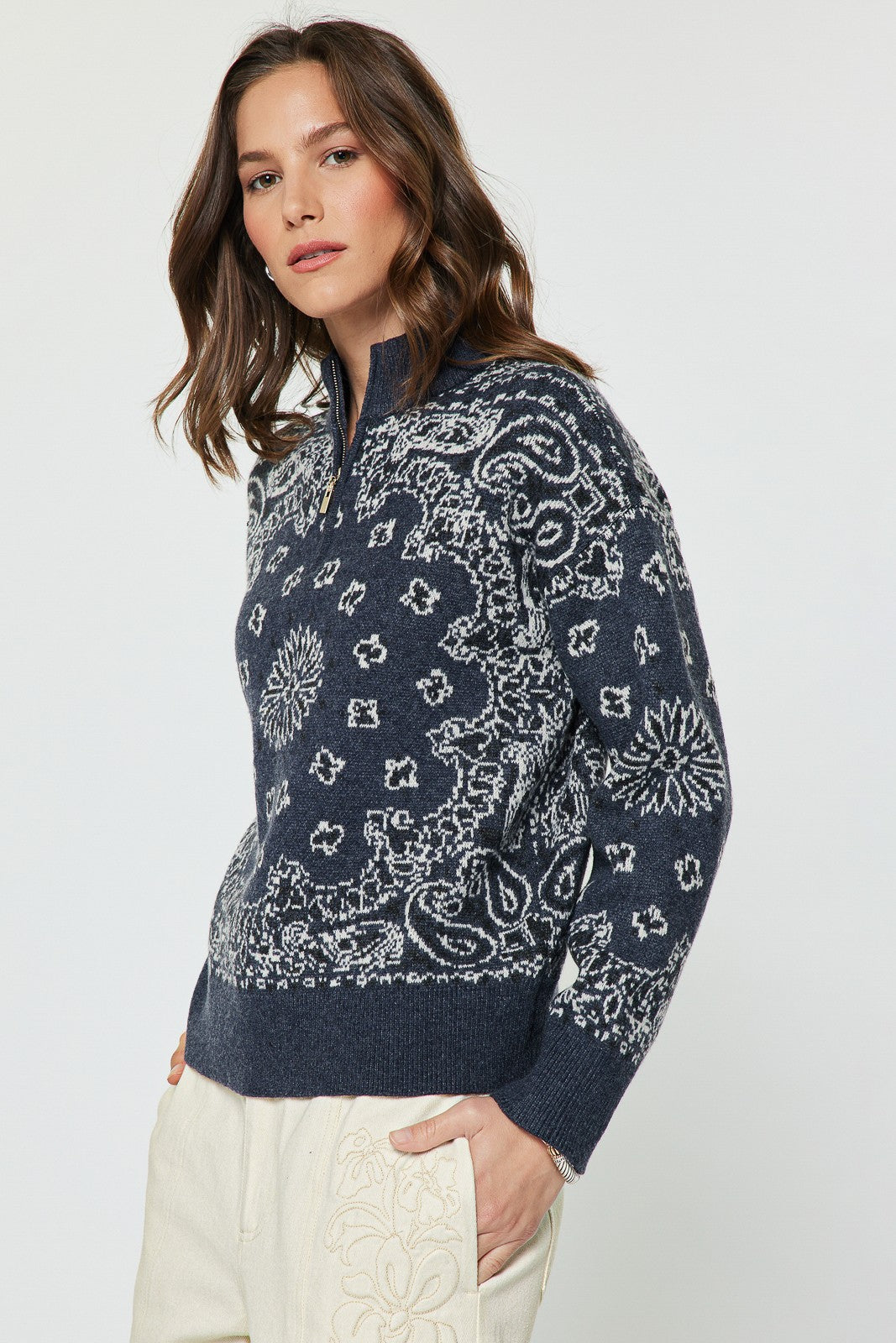 BANDANA ZIP UP SWEATER NAVY