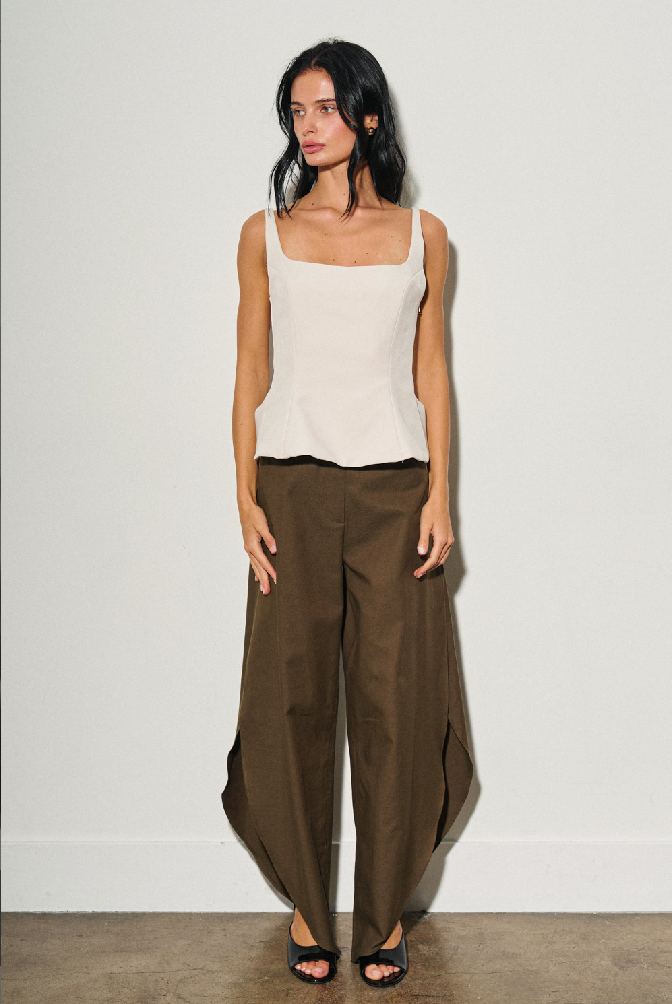 LADIES WOVEN LINEN SIDE SLIT BALLOON PANTS KHAKI