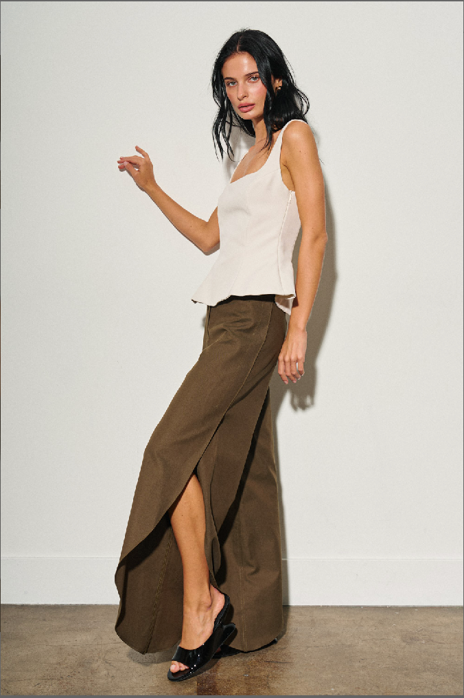 LADIES WOVEN LINEN SIDE SLIT BALLOON PANTS KHAKI