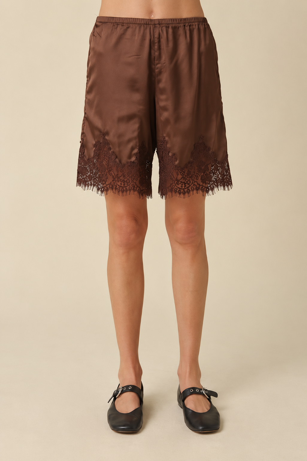 MILLIE LACE TRIM PULL ON SHORTS BROWN