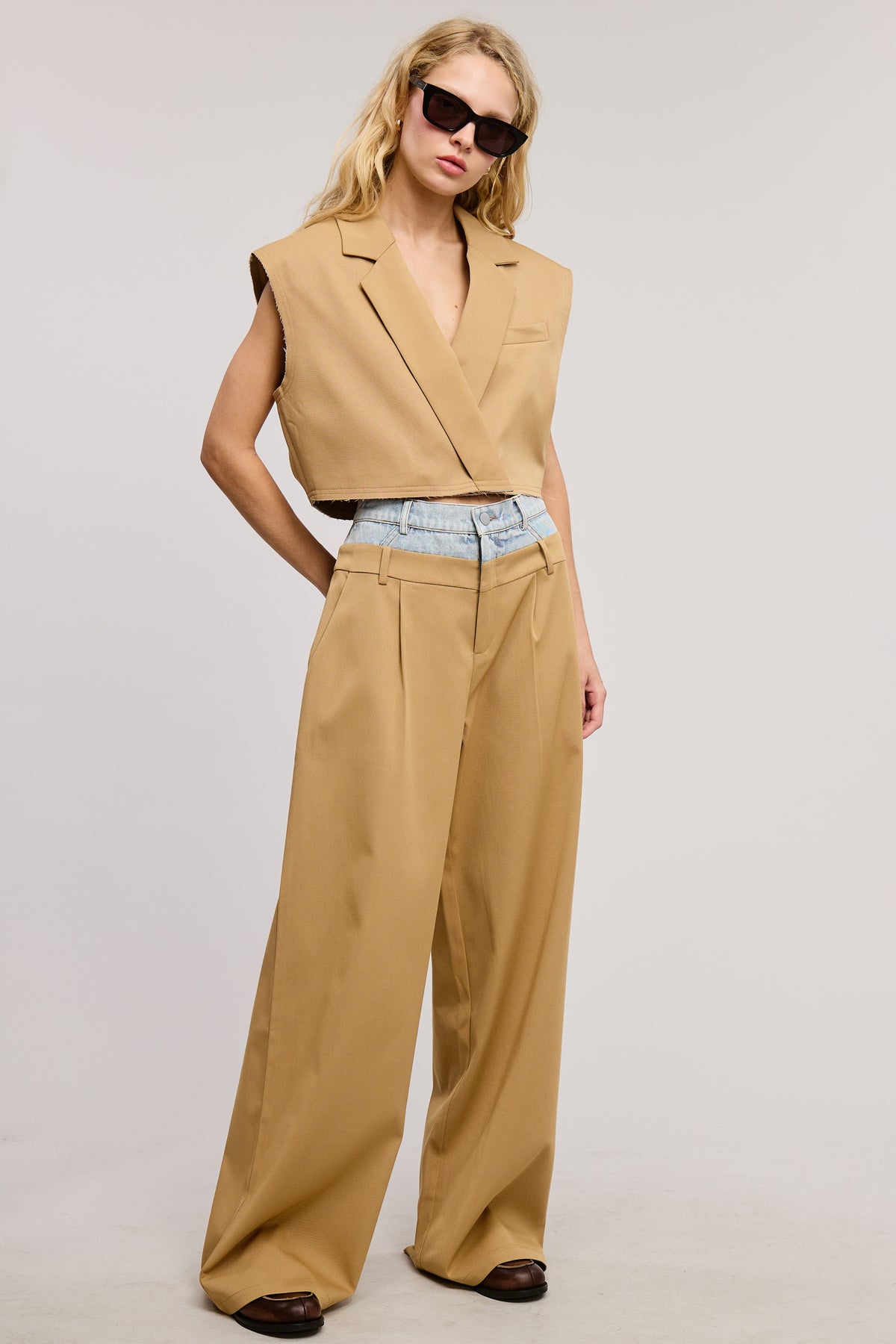 CONTRAST DENIM WAISTBAND WIDE LEG TROUSER PANTS