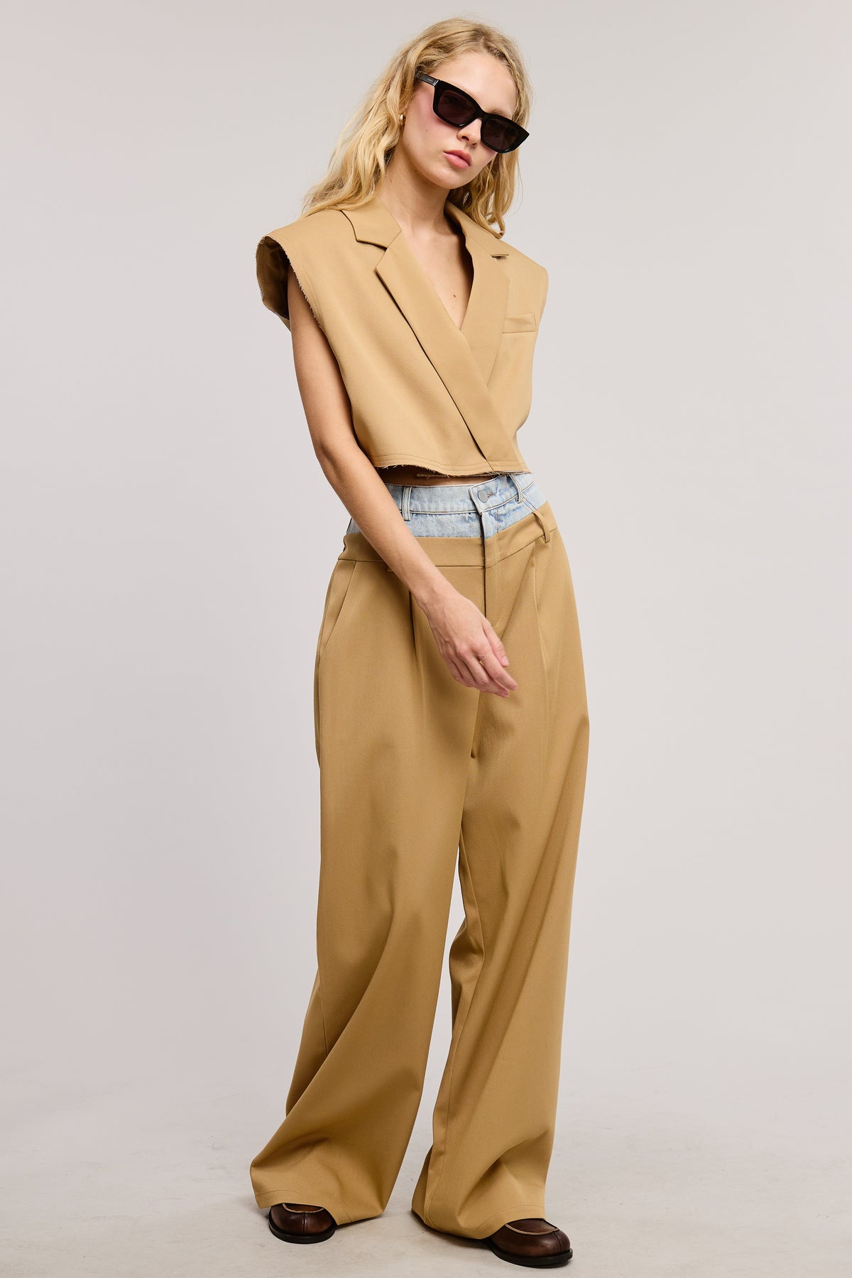 CONTRAST DENIM WAISTBAND WIDE LEG TROUSER PANTS