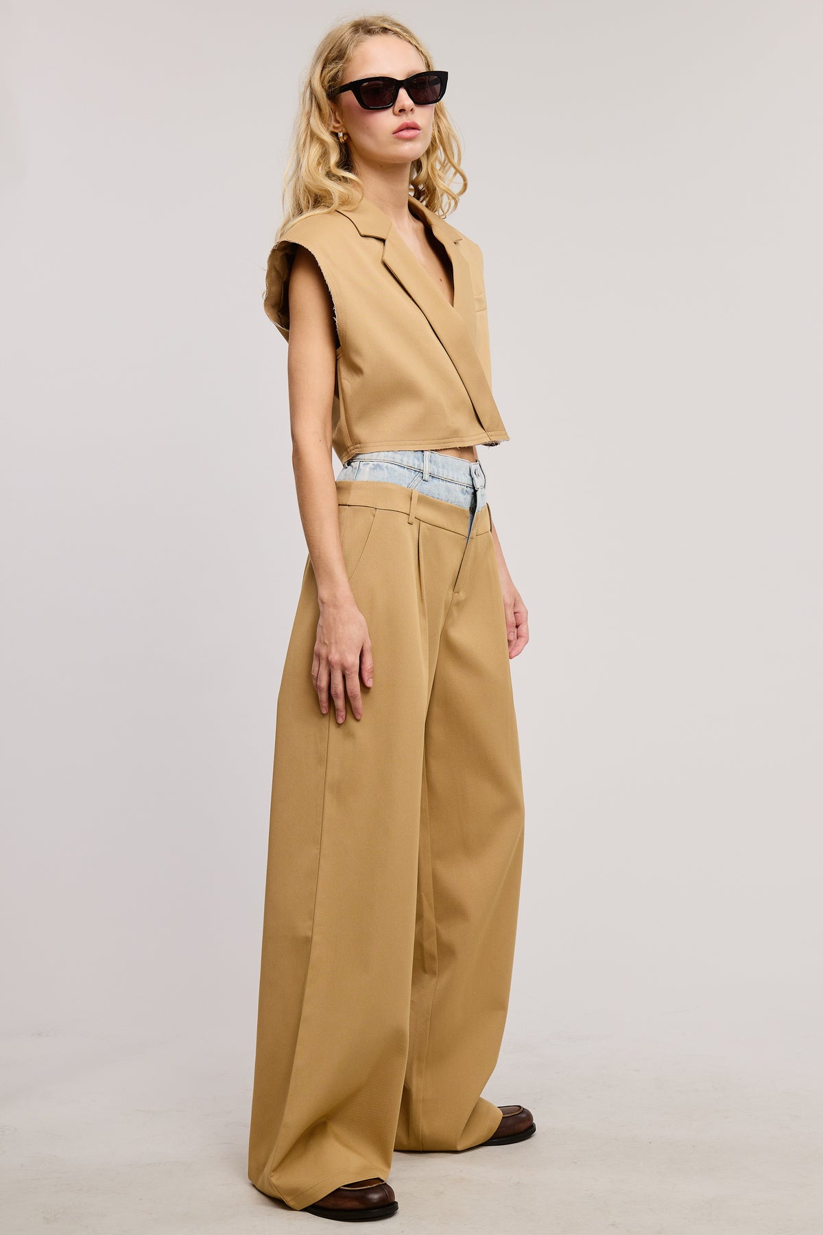 CONTRAST DENIM WAISTBAND WIDE LEG TROUSER PANTS