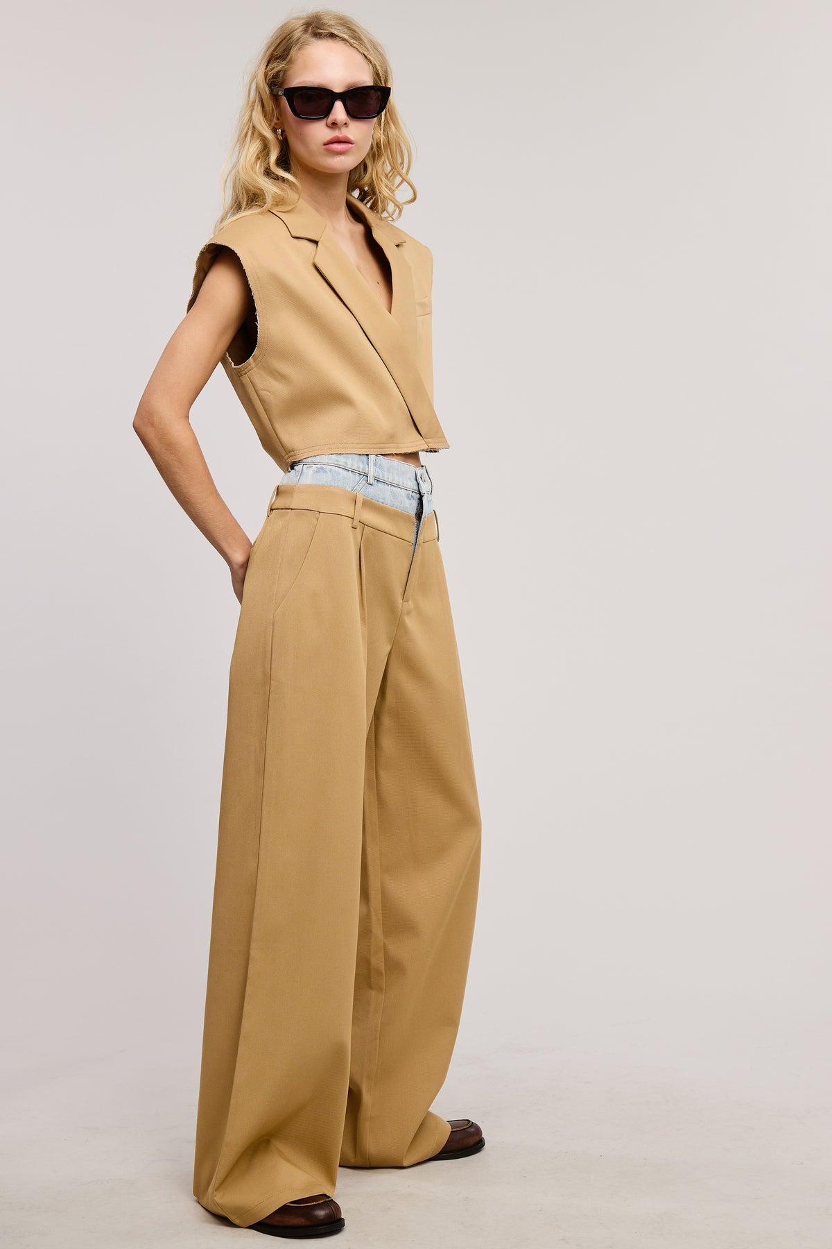 CONTRAST DENIM WAISTBAND WIDE LEG TROUSER PANTS