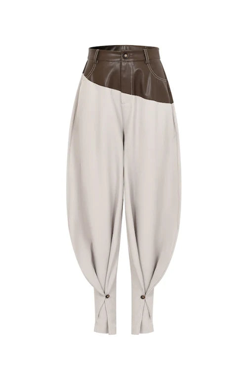 LEATHER MIX BARREL PANTS