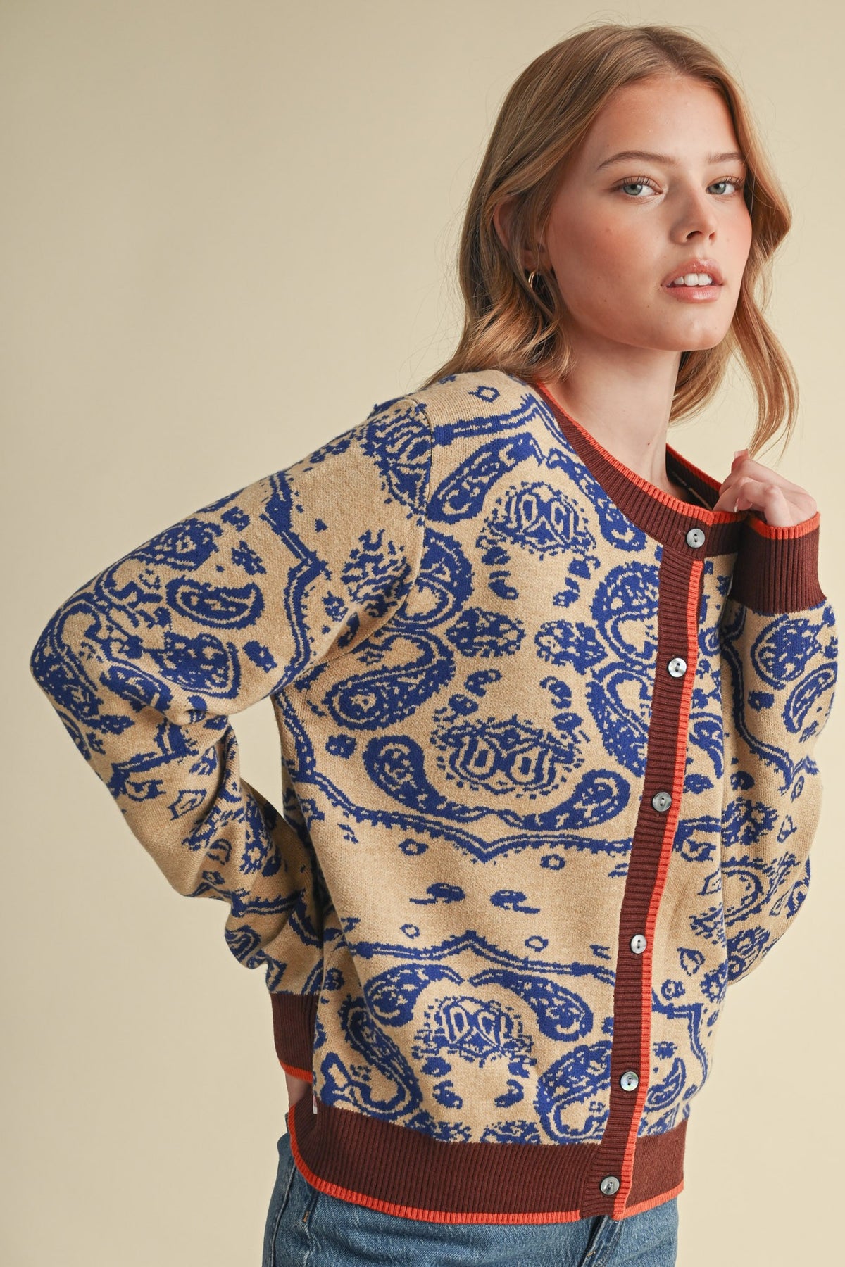PAISLEY KNIT CONTRAST BUTTON DOWN SWEATER CARDIGAN