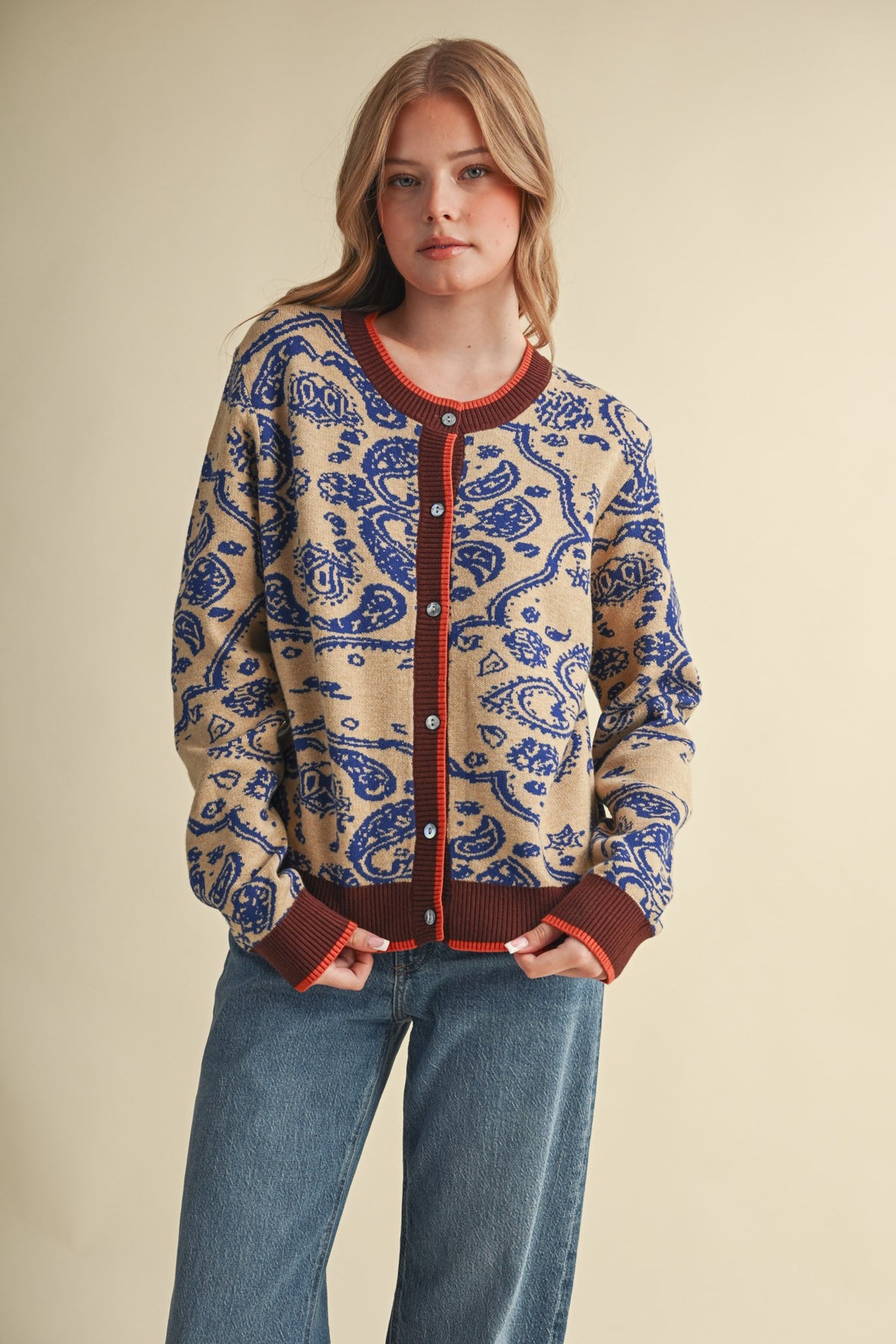 PAISLEY KNIT CONTRAST BUTTON DOWN SWEATER CARDIGAN