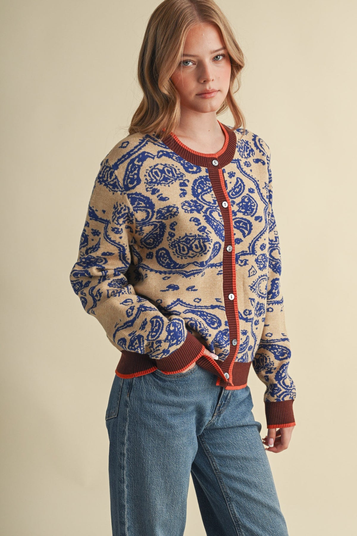 PAISLEY KNIT CONTRAST BUTTON DOWN SWEATER CARDIGAN