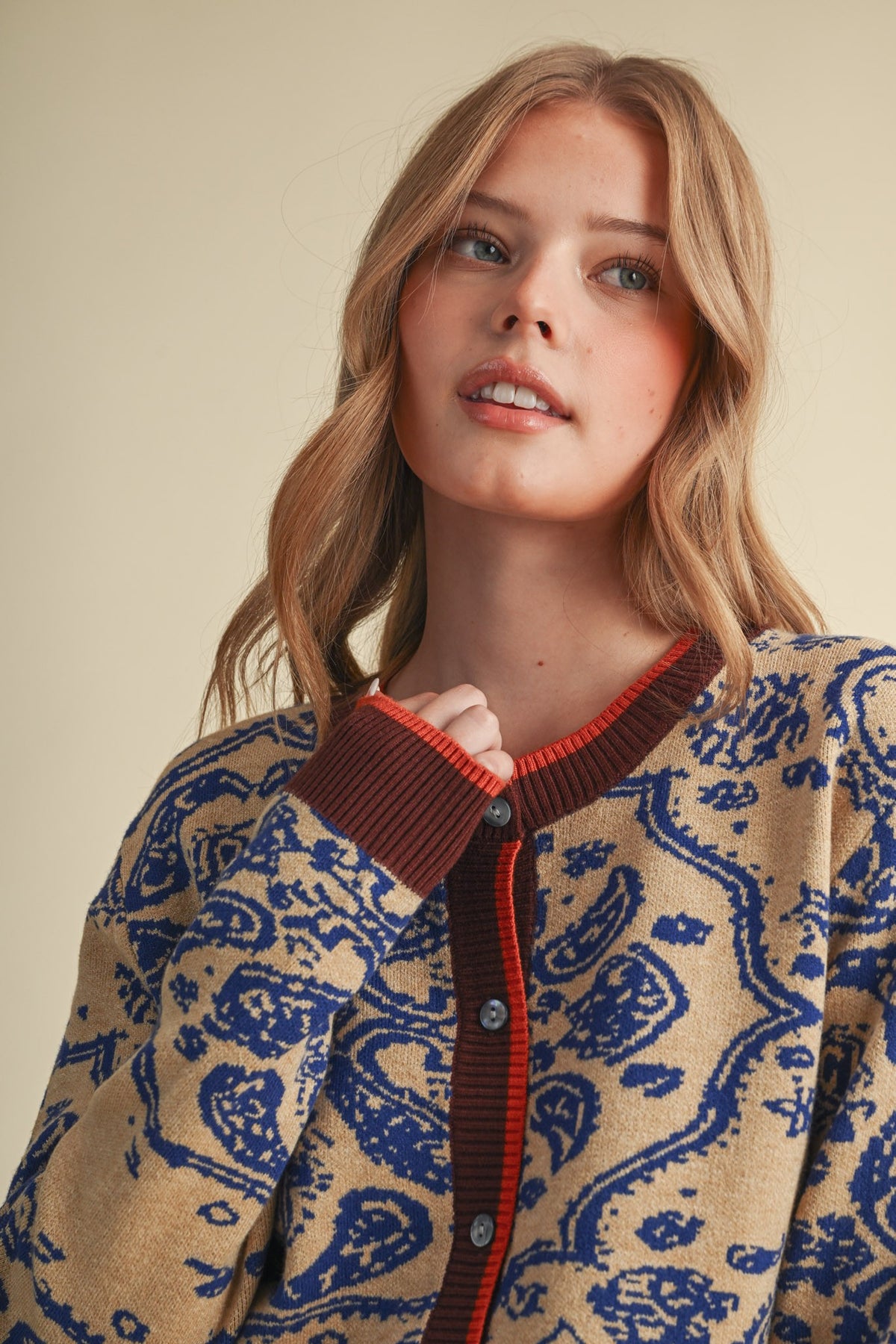 PAISLEY KNIT CONTRAST BUTTON DOWN SWEATER CARDIGAN