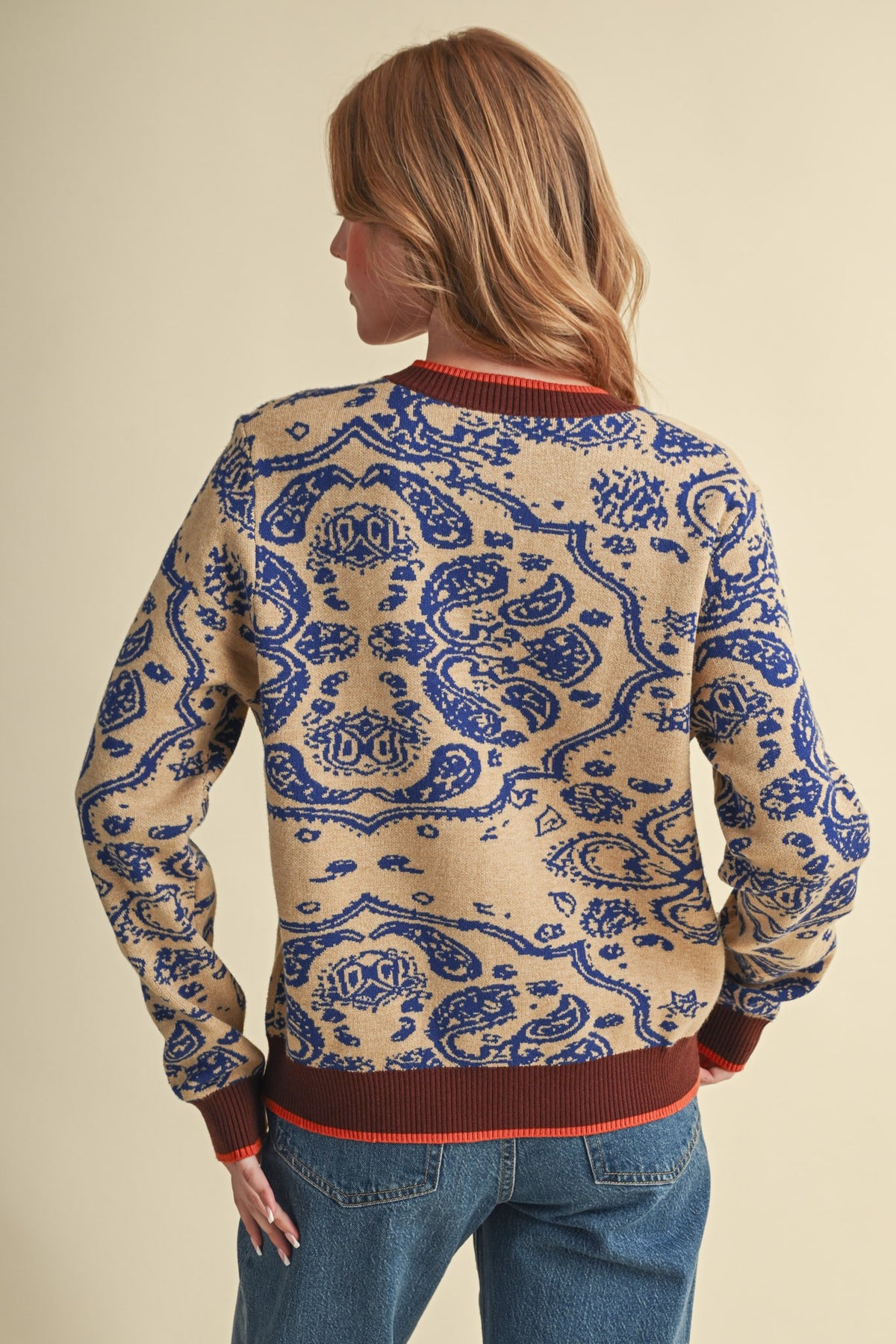 PAISLEY KNIT CONTRAST BUTTON DOWN SWEATER CARDIGAN