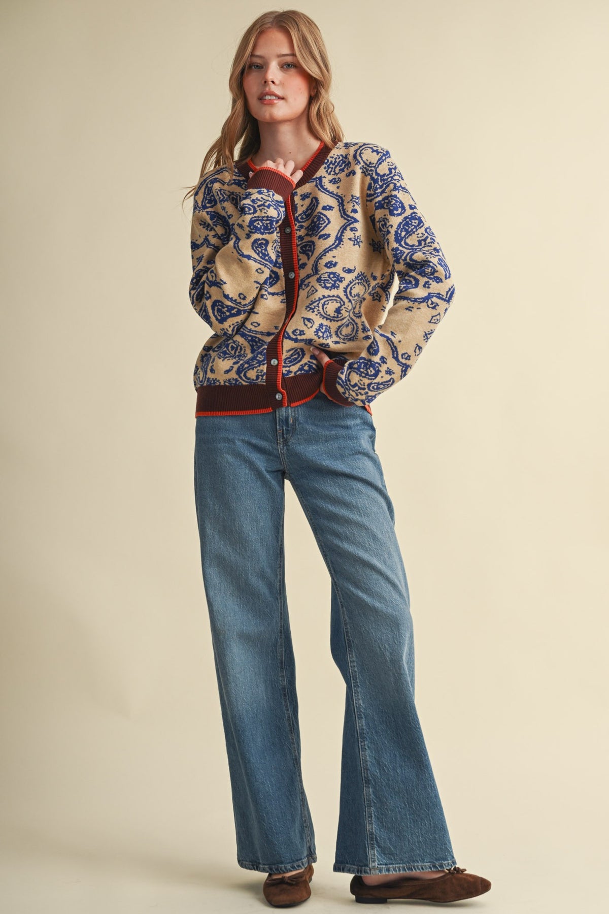PAISLEY KNIT CONTRAST BUTTON DOWN SWEATER CARDIGAN