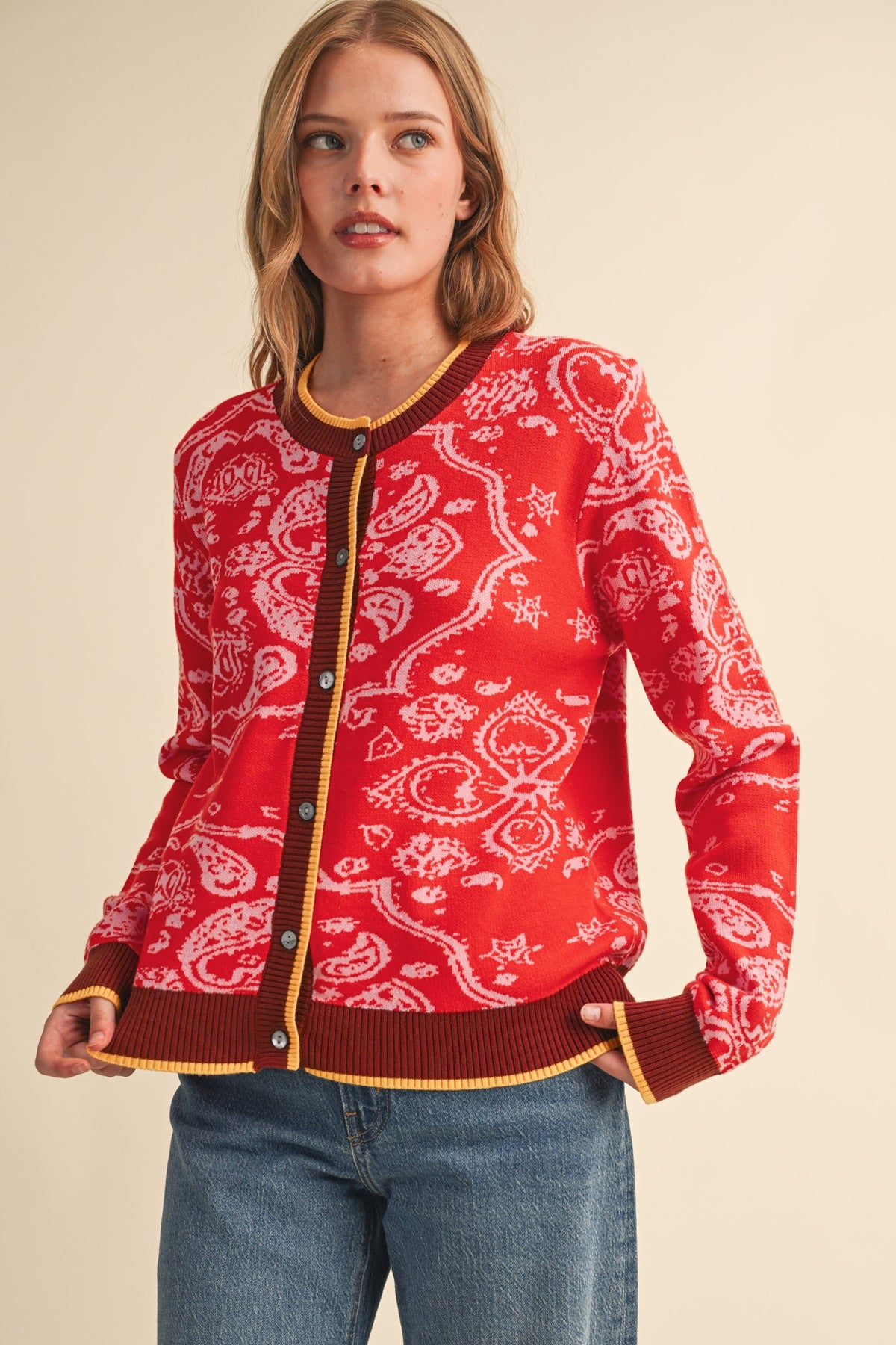 PAISLEY KNIT CONTRAST BUTTON DOWN SWEATER CARDIGAN RED