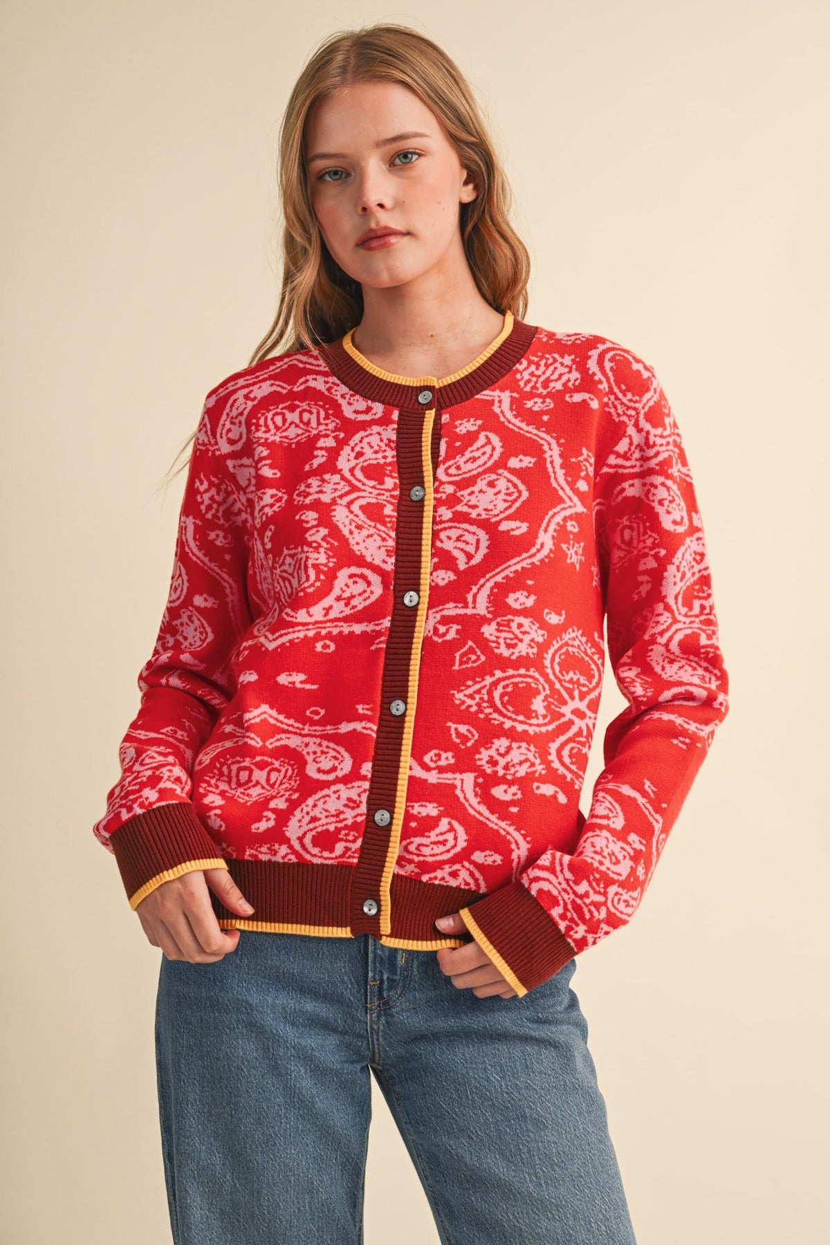 PAISLEY KNIT CONTRAST BUTTON DOWN SWEATER CARDIGAN RED