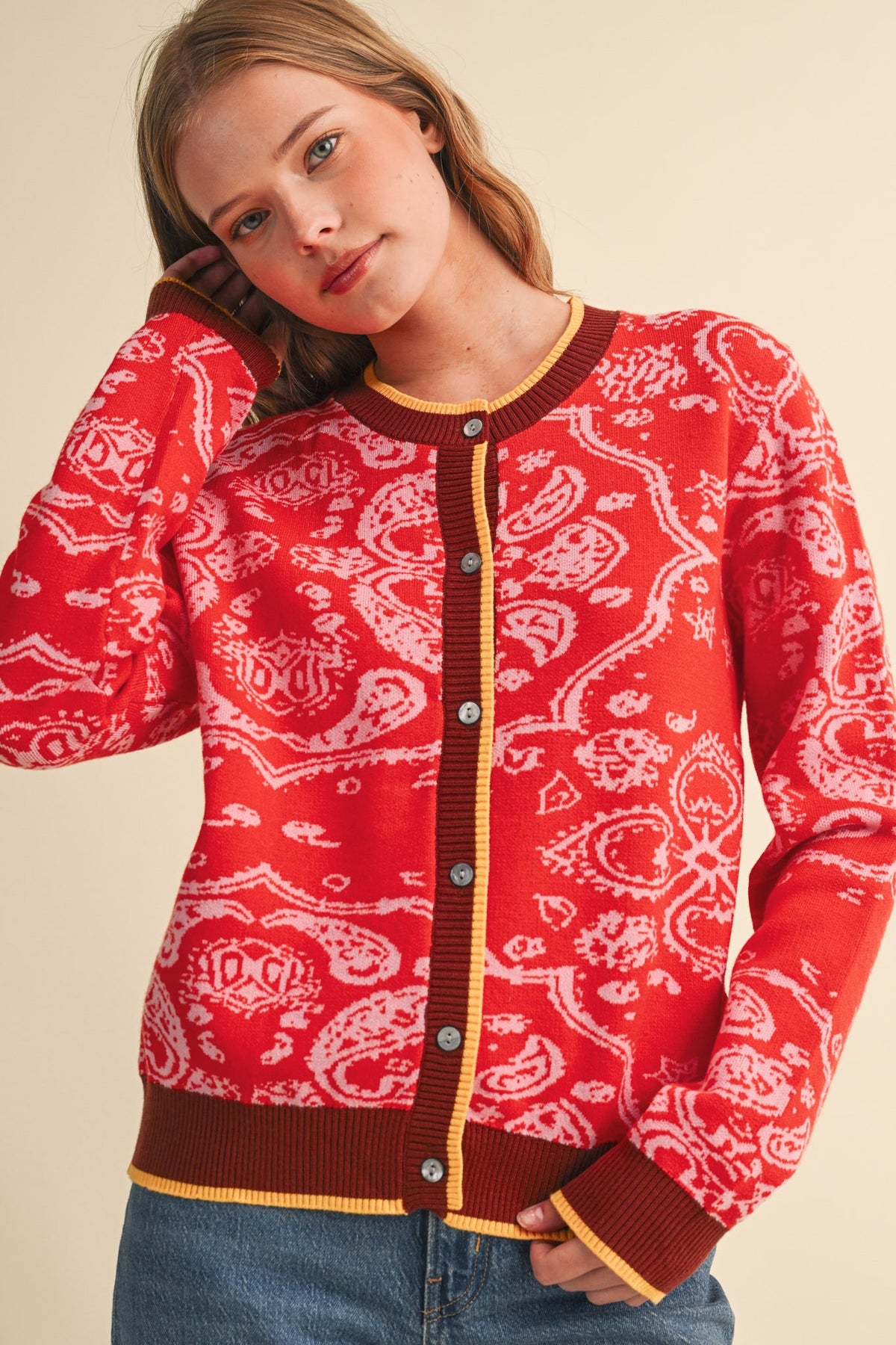 PAISLEY KNIT CONTRAST BUTTON DOWN SWEATER CARDIGAN RED