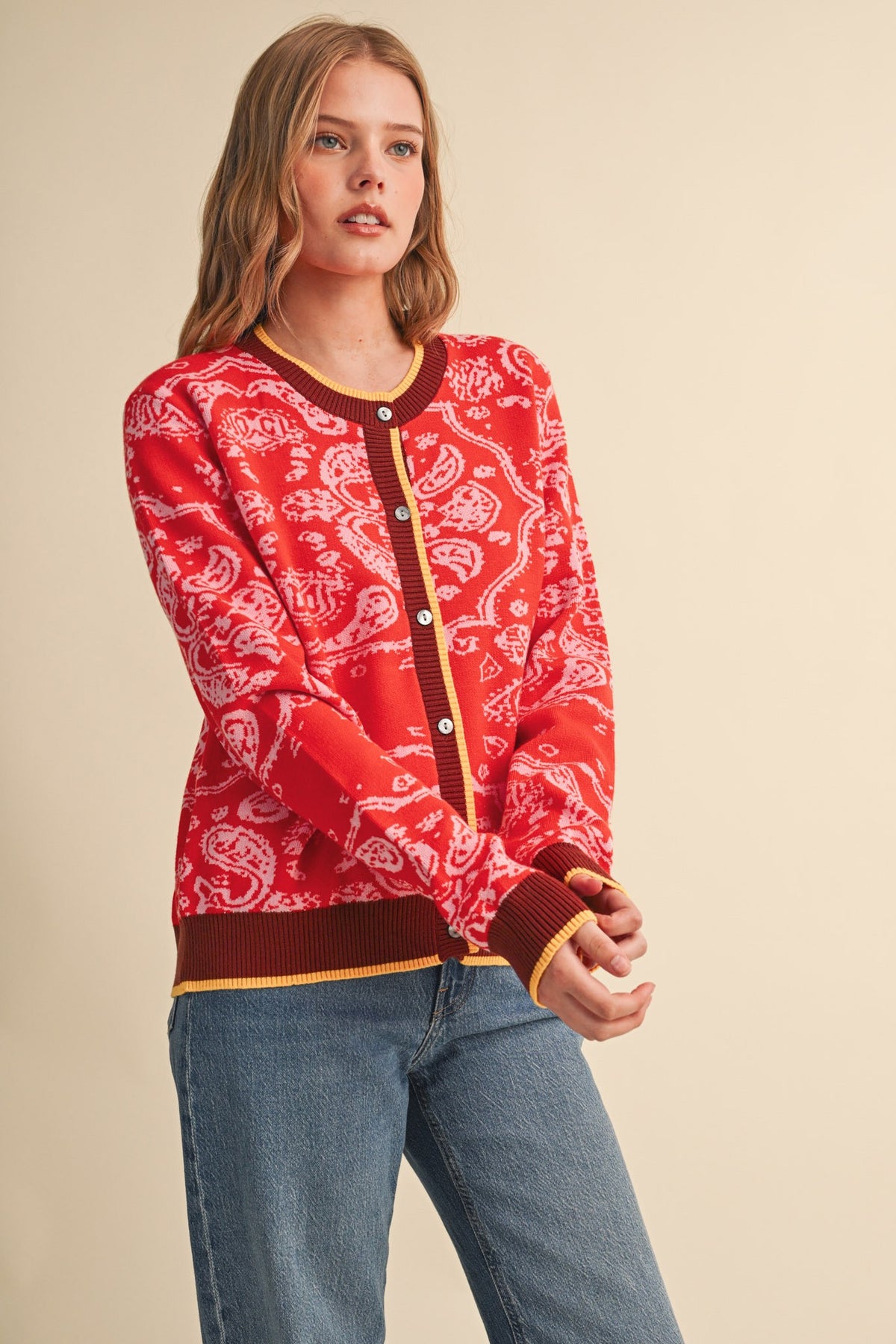 PAISLEY KNIT CONTRAST BUTTON DOWN SWEATER CARDIGAN RED