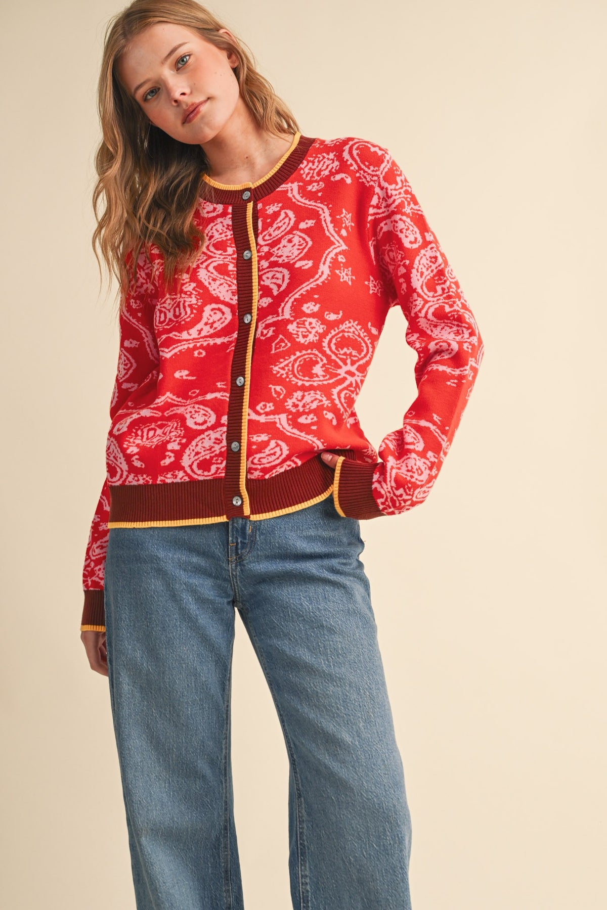PAISLEY KNIT CONTRAST BUTTON DOWN SWEATER CARDIGAN RED