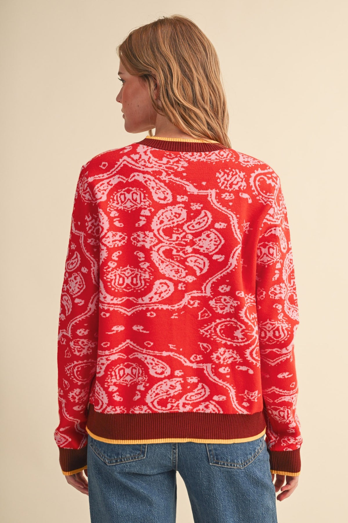 PAISLEY KNIT CONTRAST BUTTON DOWN SWEATER CARDIGAN RED