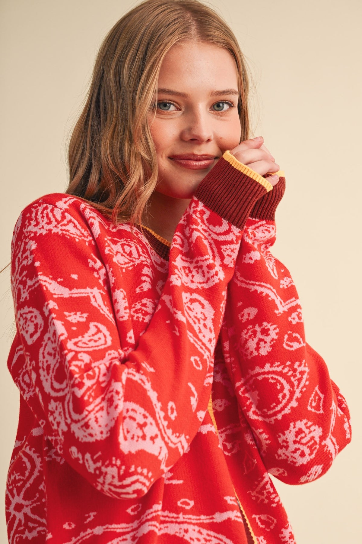 PAISLEY KNIT CONTRAST BUTTON DOWN SWEATER CARDIGAN RED
