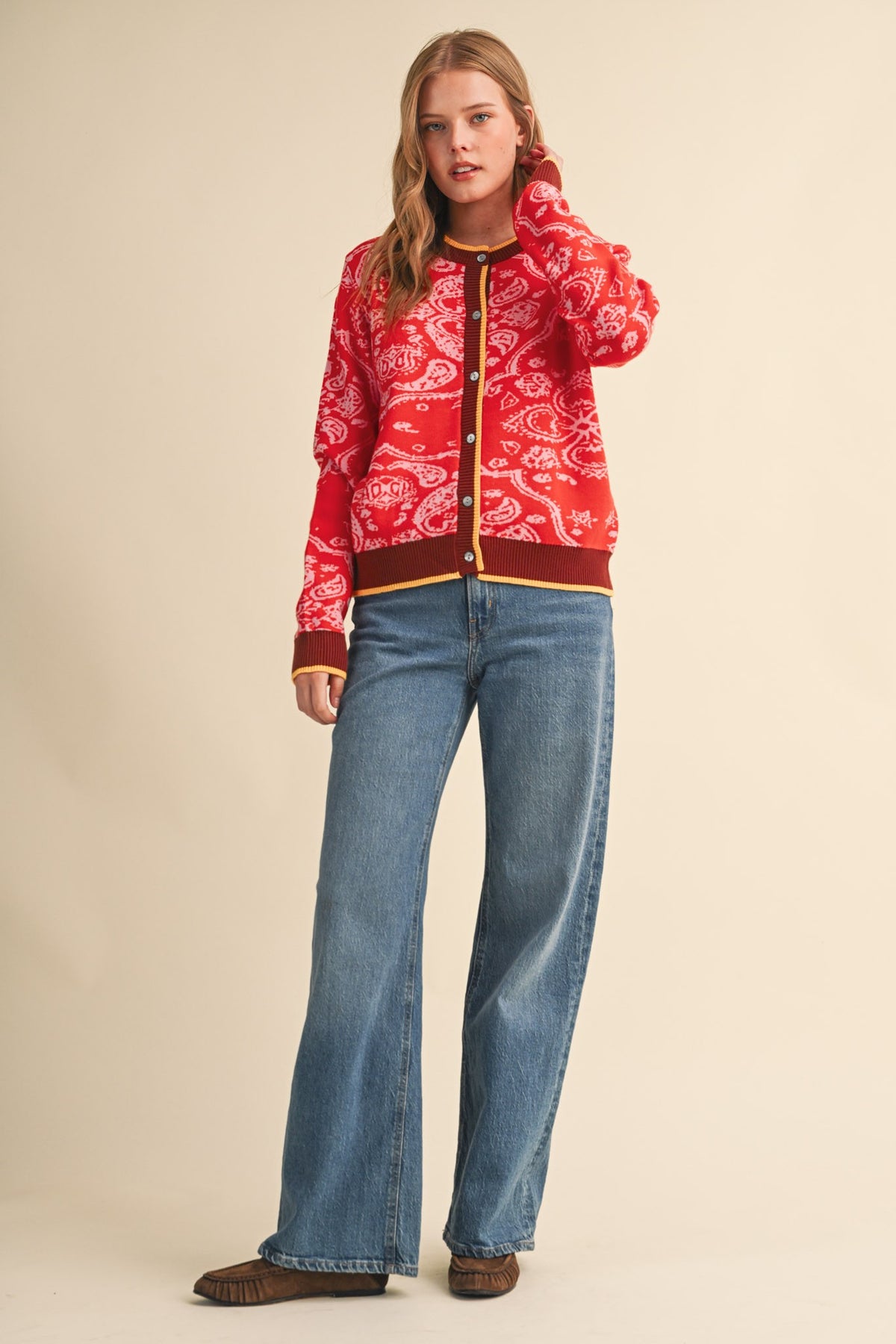 PAISLEY KNIT CONTRAST BUTTON DOWN SWEATER CARDIGAN RED