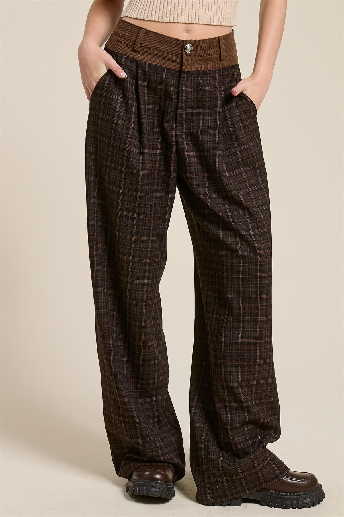 PLAID PLEATED TROUSERS WITH CORDUROY WAISTBAND