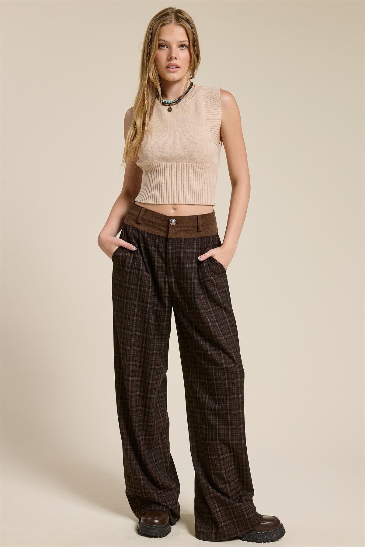 PLAID PLEATED TROUSERS WITH CORDUROY WAISTBAND