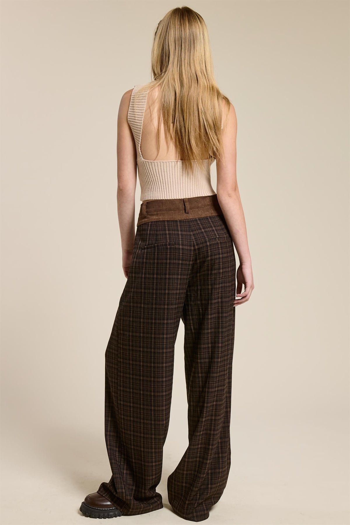 PLAID PLEATED TROUSERS WITH CORDUROY WAISTBAND