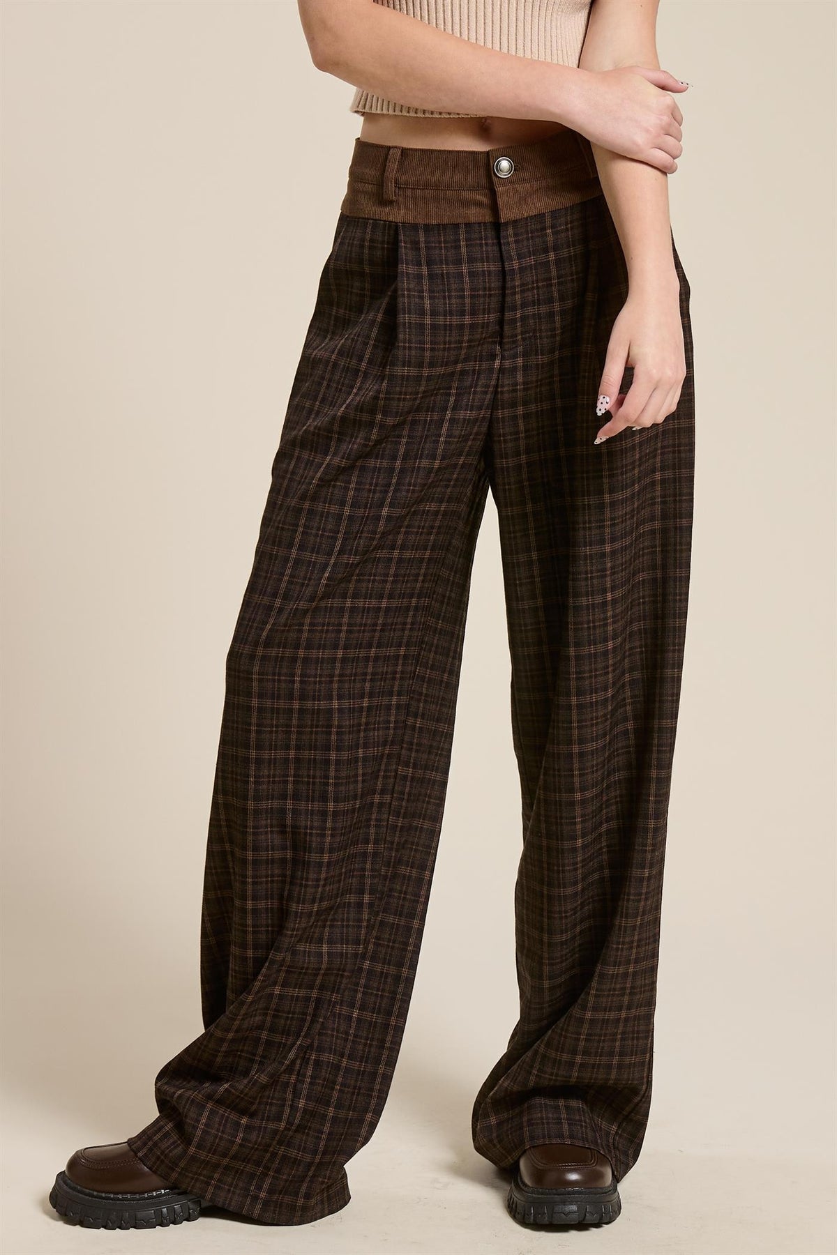 PLAID PLEATED TROUSERS WITH CORDUROY WAISTBAND