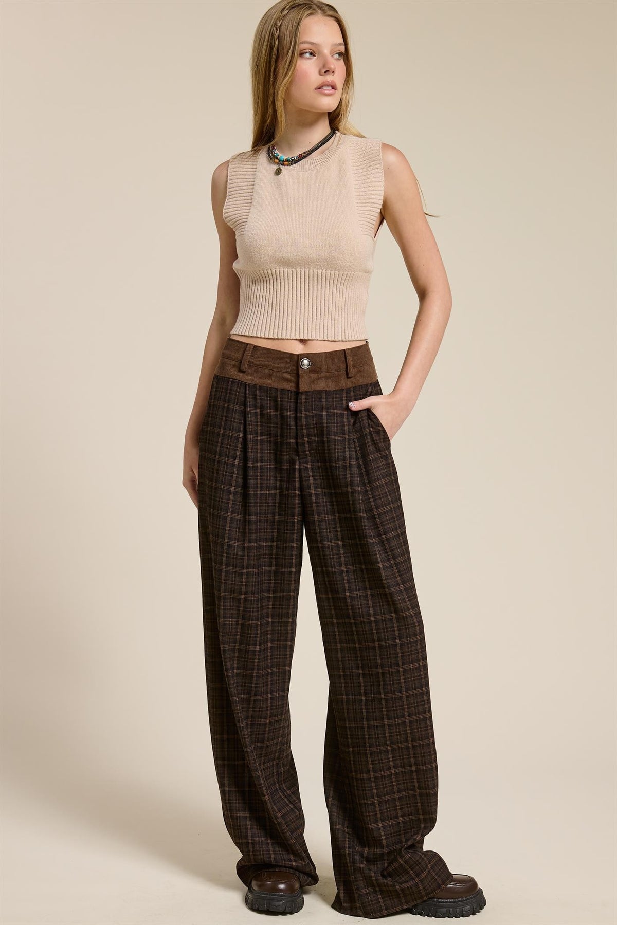 PLAID PLEATED TROUSERS WITH CORDUROY WAISTBAND