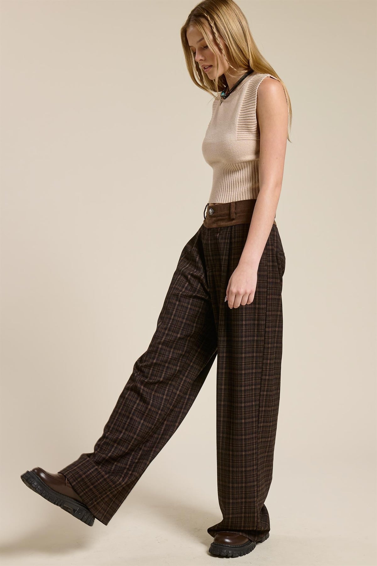 PLAID PLEATED TROUSERS WITH CORDUROY WAISTBAND