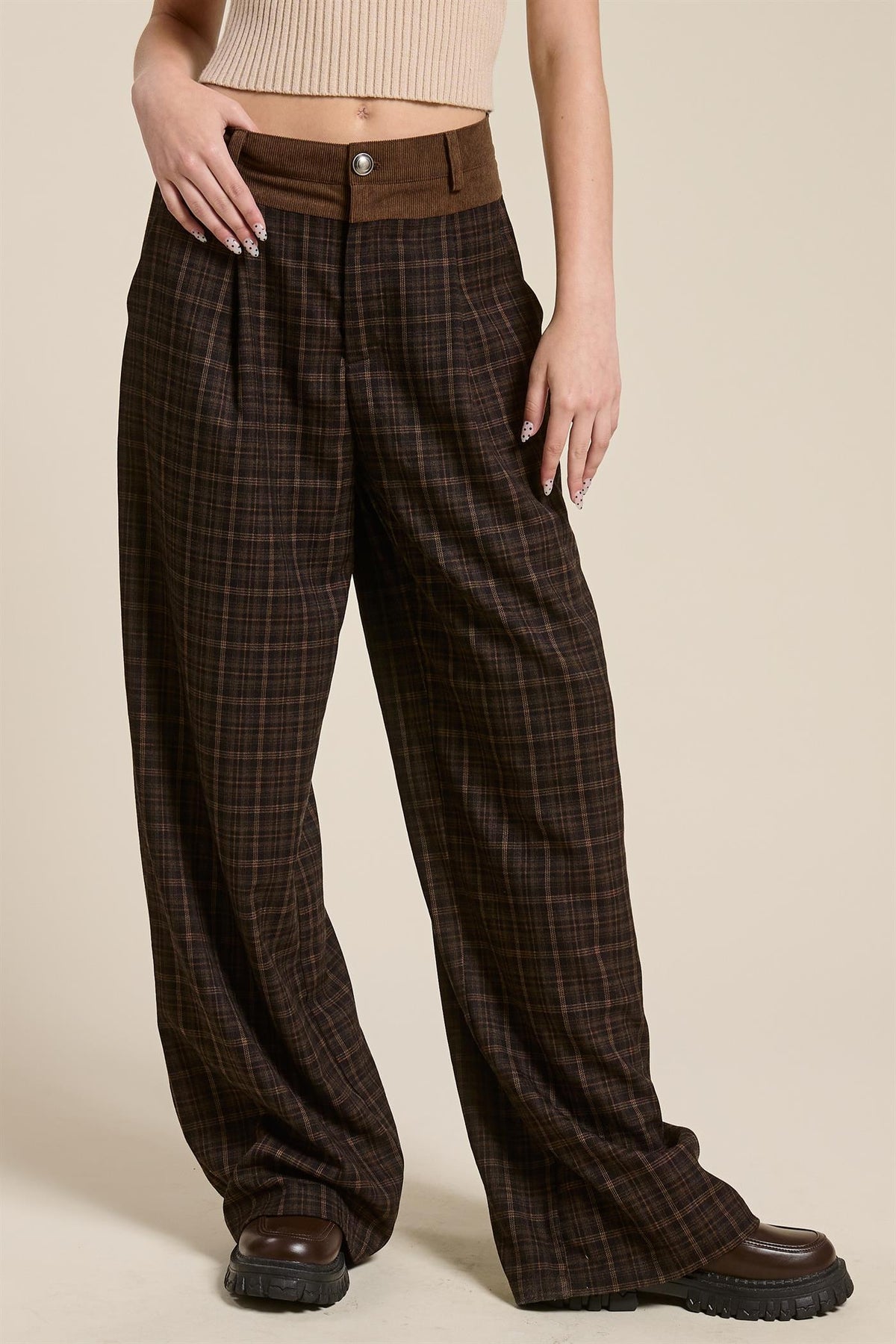 PLAID PLEATED TROUSERS WITH CORDUROY WAISTBAND